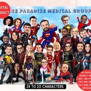 Personalised Cartoons for Company (24-25 characters) Superhero Caricature for Business, Custom Company Large Group Portrait, Farewell Gift