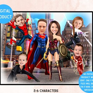 Spaß Superhelden Familie, Super Familienurlaub Cartoon (5 bis 6 Zeichen) Karikatur für große Familie, Superheld Papa Cartoon Porrait Geschenk