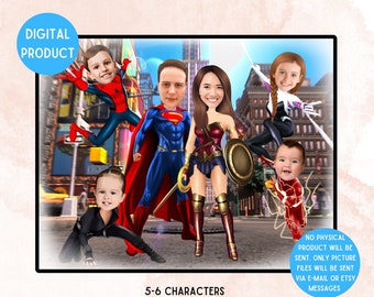 Fun Superheroes Family, Super Family Vacation Cartoon (5 to 6 Characters) Caricature for Big Family, Super hero Dad Cartoon Porrait Gift