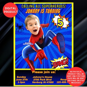 SPİDERMAN Foto-Geburtstags-Einladung, druckbare Geburtstags-Party-Einladung, digitale Kinder-Party-Einladung, Jungen & Mädchen Bday-Karte