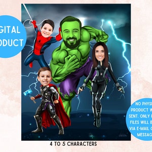 Superhelden Familienurlaub Karikatur Portrait (4-5 Zeichen) Personalisiert Spaß Super Familientreffen Cartoon, Vatertag Cartoon Geschenk