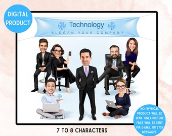 Personalised Technology Company Team Cartoon, Business Partnership Caricature Gift, Retirement Boss Portrait, Printable Cartoon (7-8 people)