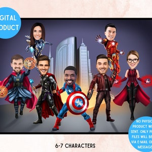 Benutzerdefinierte Superhelden Abschied Cartoons für Unternehmen (6-7 Zeichen) Digitale Karikatur für Geschäft, Benutzerdefiniertes Firmengeschenk, Ruhestandsgeschenk