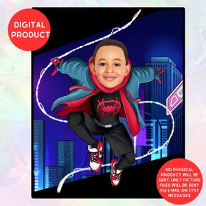 Gepersonaliseerde Miles Morales portret, aangepaste Spiderman Gift karikatuur, Miles Morales verjaardagsuitnodiging