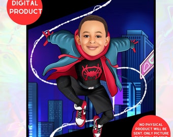 Personligt porträtt av Miles Morales, personlig Spiderman-karikatyr, födelsedagsinbjudan till Miles Morales