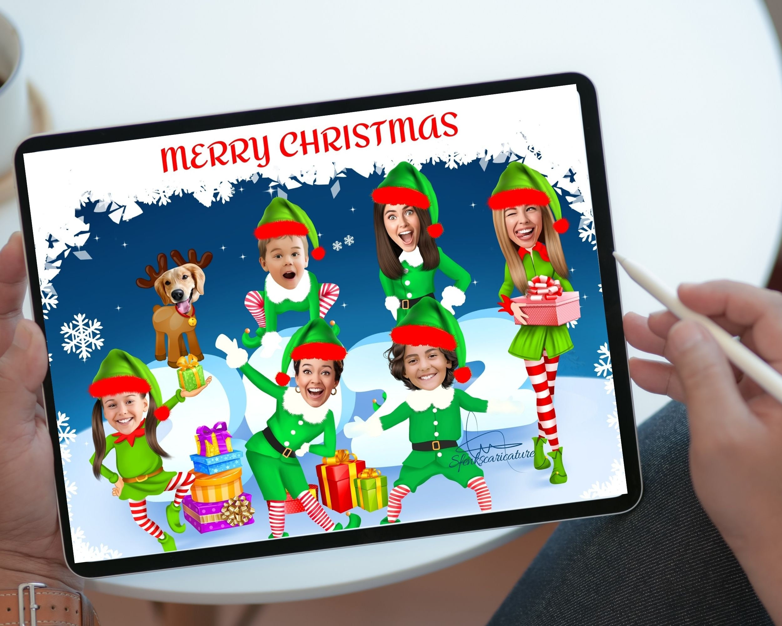 Family Elf Christmas Card, Xmas Greeting Card, Fun Family Caricature ...