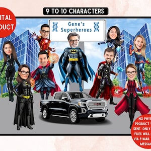 Benutzerdefinierte Superhelden Abschied Cartoons für Unternehmen (9 bis 10 Zeichen) Digitale Karikatur für Geschäft, Benutzerdefiniertes Firmengeschenk, Ruhestandsgeschenk