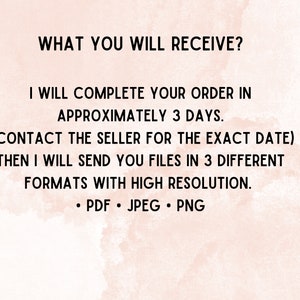 Puede incluir: Texto sobre un fondo rosa que dice: "WHAT YOU WILL RECEIVE? I WILL COMPLETE YOUR ORDER IN APPROXIMATELY 3 DAYS. (CONTACT THE SELLER FOR THE EXACT DATE) THEN I WILL SEND YOU FILES IN 3 DIFFERENT FORMATS WITH HIGH RESOLUTION. &bull; PDF &bull; JPEG &bull; PNG"