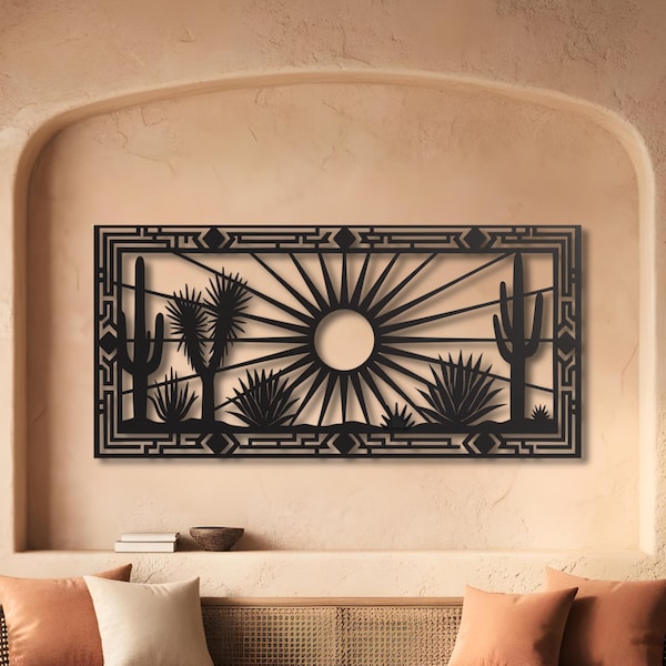 Cuadro de metal con panorama del desierto de Arizona, decoración del suroeste con cactus y rayos de sol, regalo para inauguración de casa.