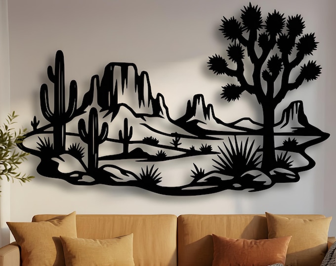 Featured listing image: Arizona Saguaro Metal Wall Hanging, Laser Etched Steel Cactus Scene, Minimalist Southwest Landscape Decor