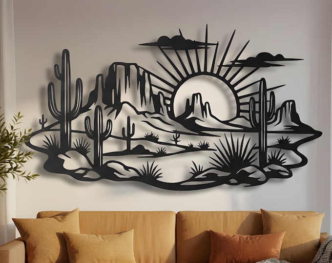 Featured listing image: Southwest Art, Desert Sunset Metal Wall Sculpture, Oversized Silhouette Panel, Architectural Statement Art