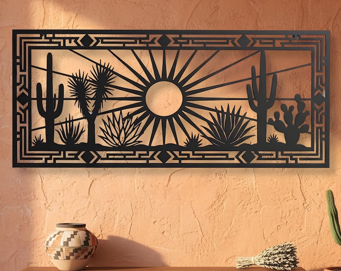 Featured listing image: Arizona Desert Panorama Metal Wall Art: Sunburst Cactus Southwest Decor Steel Sculpture