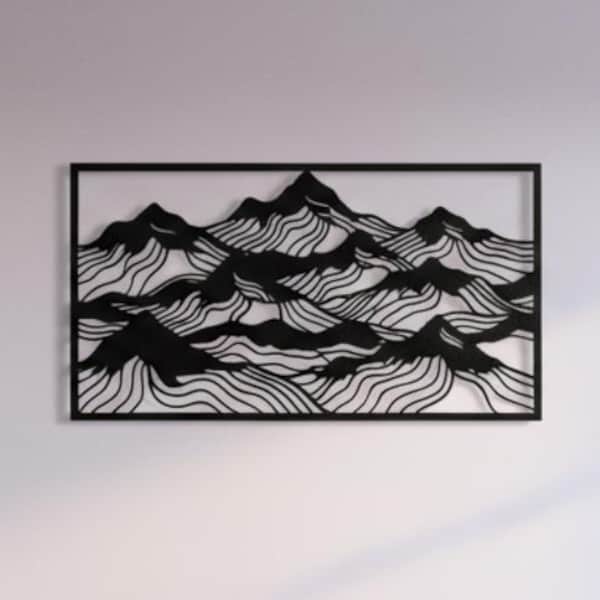 Arte mural de metal con montañas en capas, escultura panorámica de cresta de acero, decoración de cresta horizontal grande