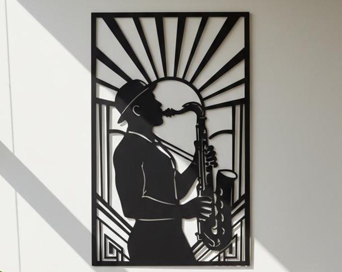 Featured listing image: Saxophone Metal Wall Art, Art Deco Jazz Musician Silhouette, Music Lover Gift