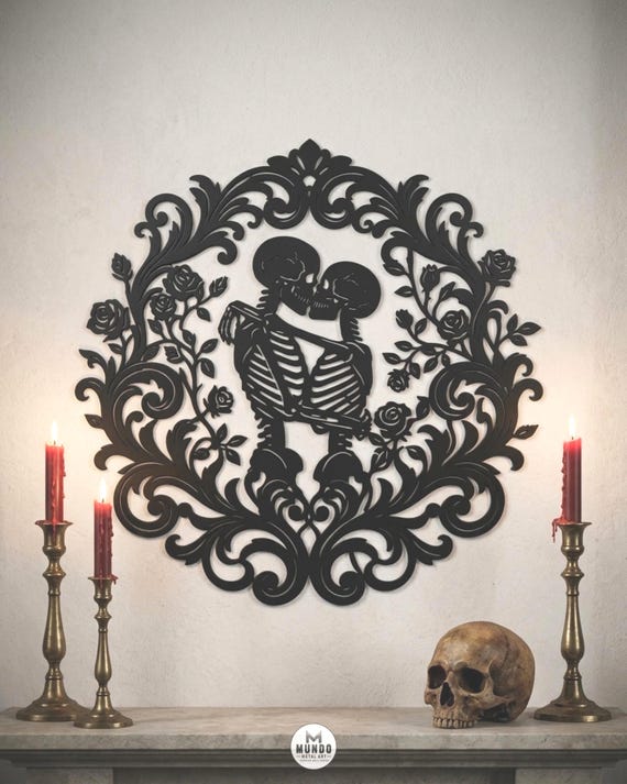 Gothic Kissing Skeleton Couple Metal Wall Art, Gothic Couples Gift, Plaque