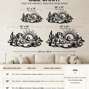 A size chart graphic shows four different dimensions for the metal desert wall art hung above furniture.
