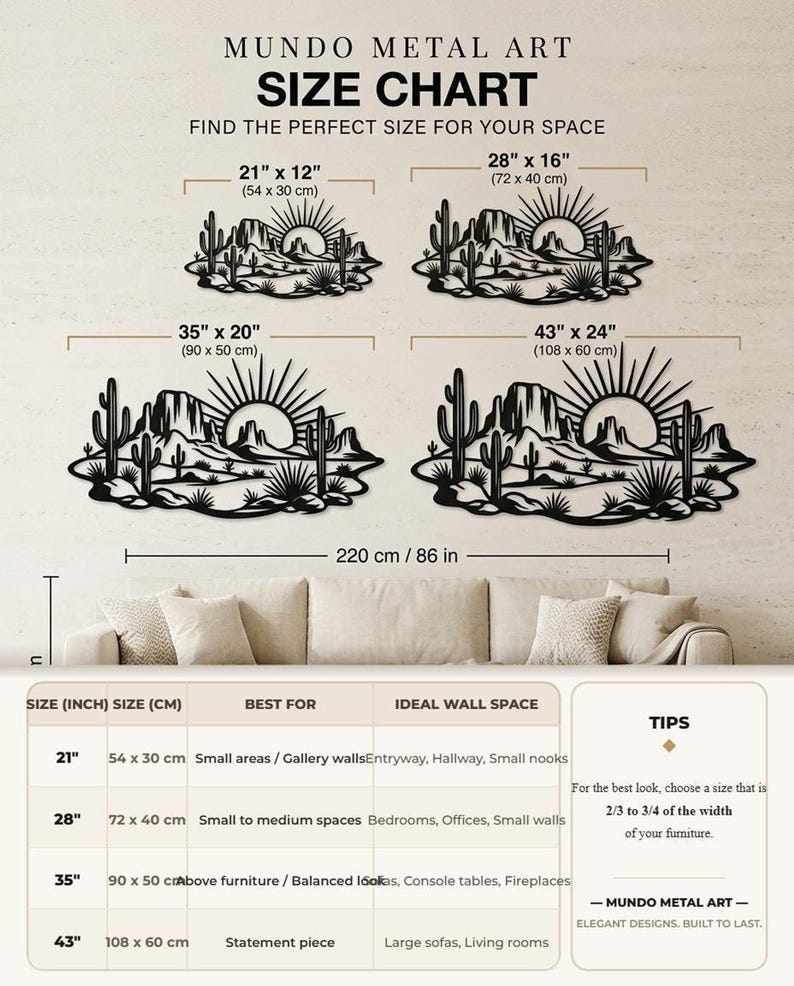 A size chart graphic shows four different dimensions for the metal desert wall art hung above furniture.