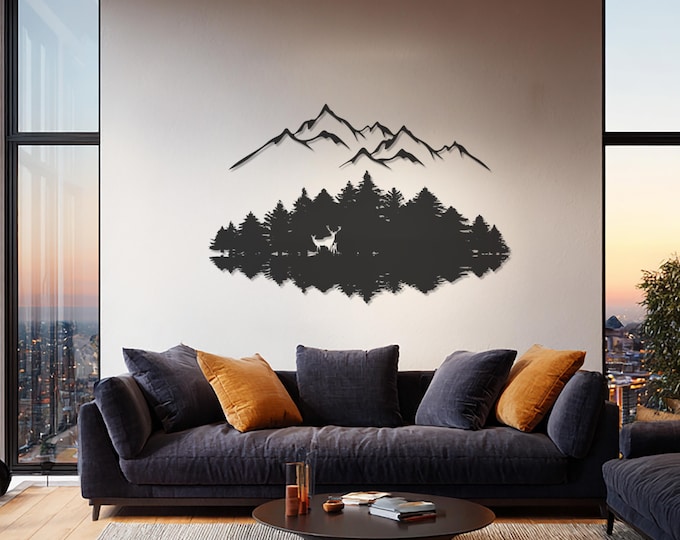 Featured listing image: Mountain Forest Metal Wall Art, Nature Landscape Design, Modern Deer Silhouette, Minimalist Wilderness Decor for Living Room, Office, Cabin