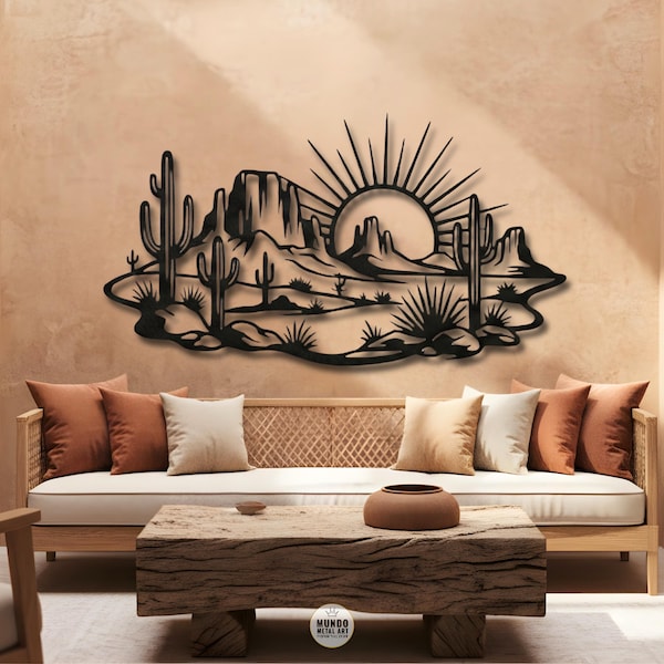 Cuadro de metal con diseño de puesta de sol en el desierto, decoración minimalista de cactus saguaro del suroeste, regalo para inauguración de casa.