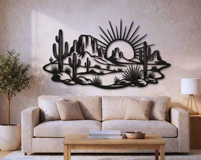 Featured listing image: Desert Sunset Metal Wall Art v2, Saguaro Cactus, Modern Southwest Decor (No Clouds)