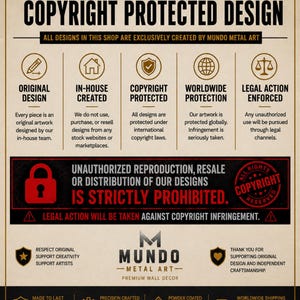 An informational graphic outlining copyright protections, design ownership, and legal enforcement policies.
