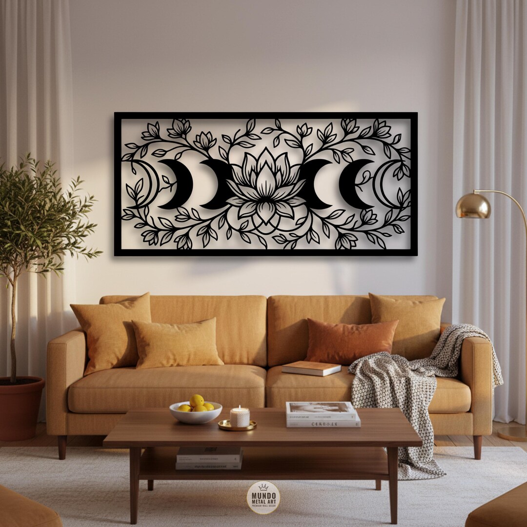 Lotus Moon Phase Metal Wall Art, Headboard Above Bed Decor, Celestial ...