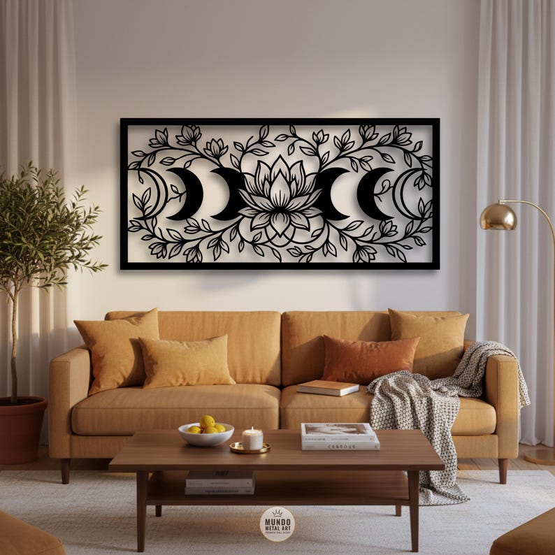 Lotus Moon Phase Metal Wall Art, Headboard Above Bed Decor, Celestial ...