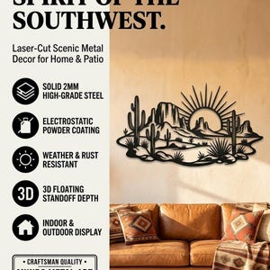 An informational product graphic titled Spirit of the Southwest lists features of the laser-cut metal wall decor.