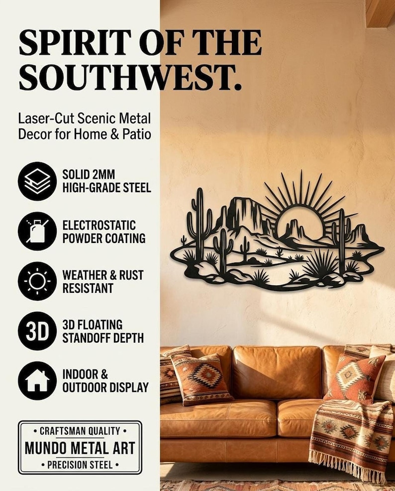 An informational product graphic titled Spirit of the Southwest lists features of the laser-cut metal wall decor.