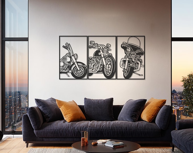 Featured listing image: Motorcycle Metal Wall Art Set of 3, Industrial Biker Decor, Modern Black Metal Motorcycle Panels for Garage, Office, or Living Room