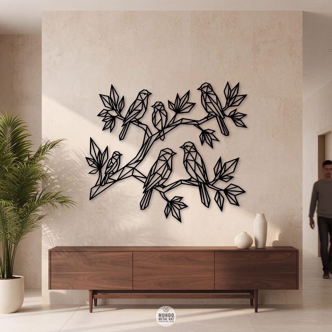 Geometric Birds on Branch Metal Wall Art – Polygonal Steel Sculpture ...
