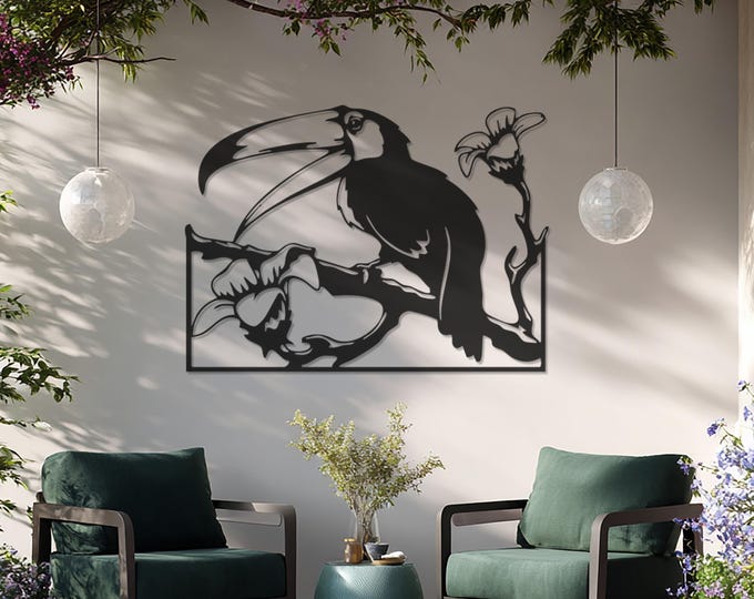 Featured listing image: Tropical Toucan Metal Wall Art, Exotic Bird Design for Living Room, Nature-Inspired Black Metal Decor, Modern Wildlife Wall Sculpture