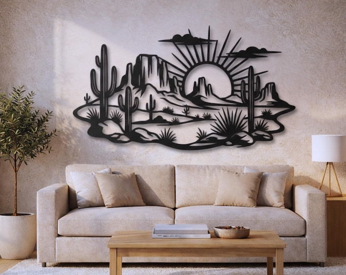 Featured listing image: Desert Sunset Metal Wall Sculpture – Oversized Southwest Silhouette Panel – Architectural Statement Art