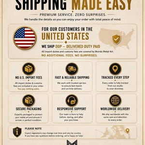 An informational graphic detailing shipping services, U.S. delivery policies, and packaging standards.