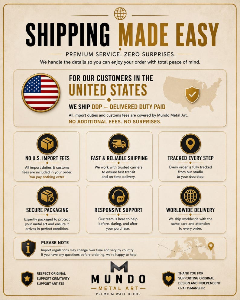 An informational graphic detailing shipping services, U.S. delivery policies, and packaging standards.