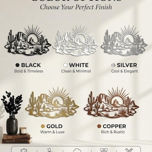 A product color options graphic displays the metal wall art in black, white, silver, gold, and copper finishes.