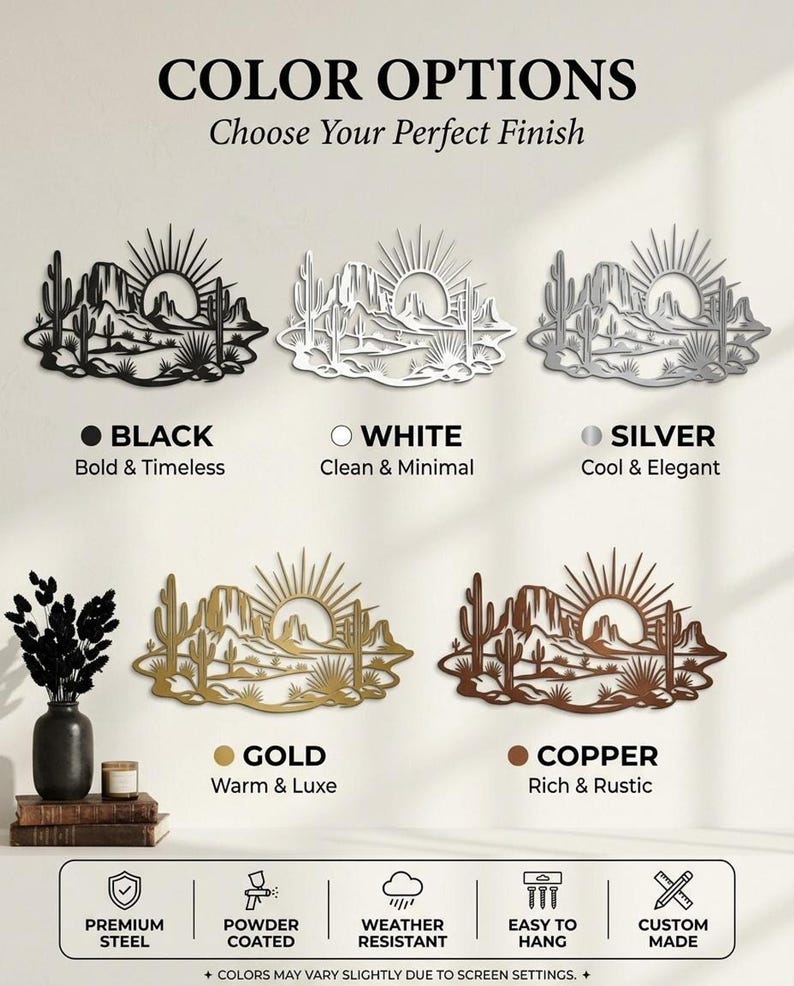 A product color options graphic displays the metal wall art in black, white, silver, gold, and copper finishes.