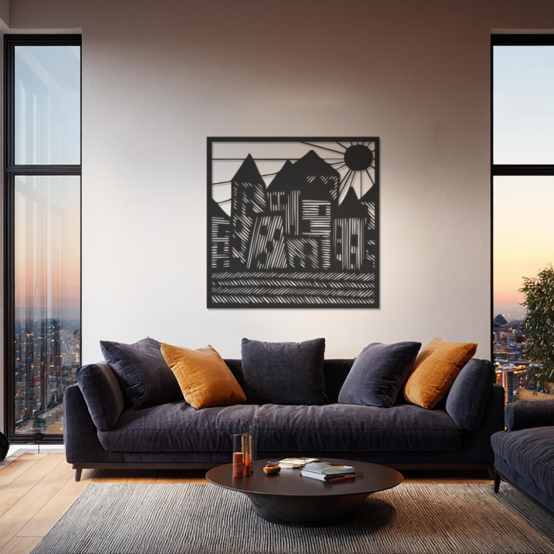 Modern Cityscape Metal Wall Art, Geometric Urban Skyline Design ... - Black Metal Home Decor