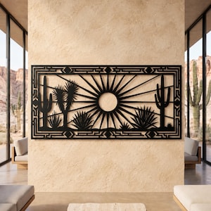 Decorazione murale moderna in metallo a tema deserto, paesaggio con cactus saguaro, panorama sud-occidentale con raggi di sole, grande decorazione murale con montagna.