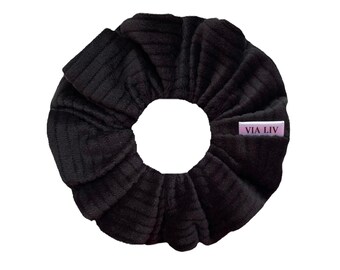 Black Velour Ribbed Hair Scrunchie | Black Velvet Scrunchie | Scrunchies | Hair Tie | Hair Elastic | Hair Accessory | VIA LIV