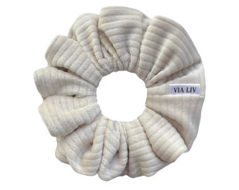Cream Velour Ribbed Hair Scrunchie | Scrunchie | Hair Tie | Hair Elastic | Velvet | VIA LIV