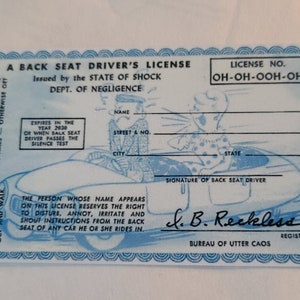 Licencia de conducir para el asiento trasero, divertido, regalo, mal conductor, identificación