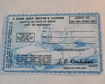 A Backseat Driver's License, funny, gift, bad driver, ID