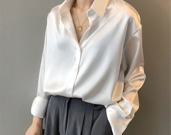 white satin button front shirt