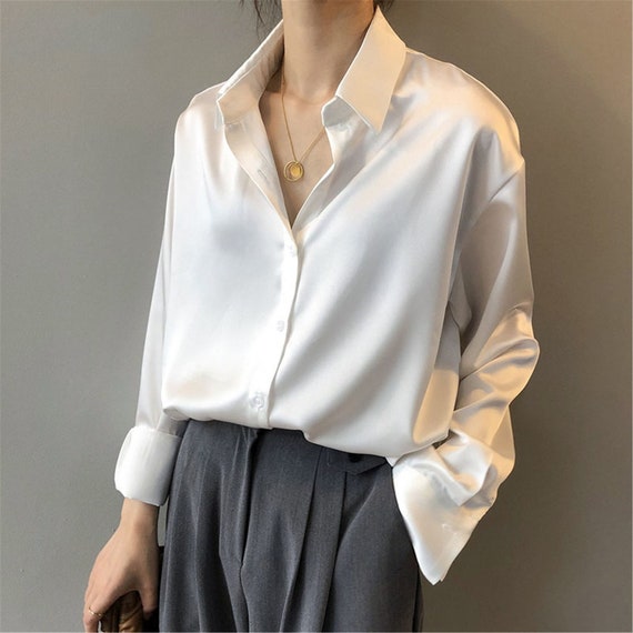 Fashion Button Up Satin Silk Shirt Vintage Blouse Women White | Etsy