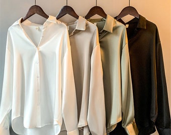 Fashion Button Up Satin Silk Shirt Vintage Blouse Women White Lady Long Sleeves Female Loose Streetwear Shirts