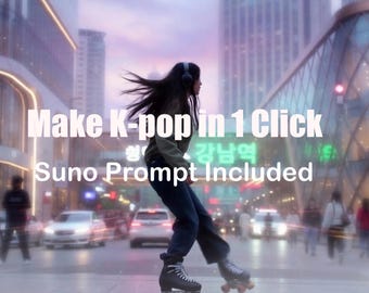 Puede incluir: Una persona con auriculares y ropa oscura patina en una calle. El texto "Make K-pop in 1 Click" y "Suno Prompt Included" está superpuesto en la imagen, que muestra luces urbanas y vehículos desenfocados en el fondo.