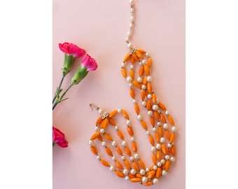 Orange Strand 60s Necklace, Vintage Strand Necklace, Orange Collar Necklace, Orange Bead and Pearl Necklace