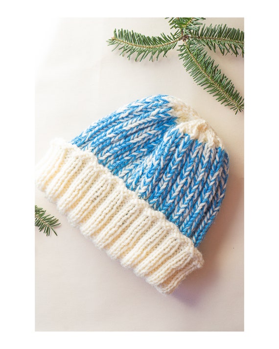 Vintage Blue and White Knit Beanie Hand knit, bean