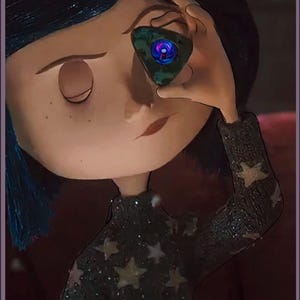 May include: A girl with blue hair is holding a green, blue, and purple triangular object in front of her eye. The object has a swirling pattern inside. She is wearing a black sweater with gold stars.